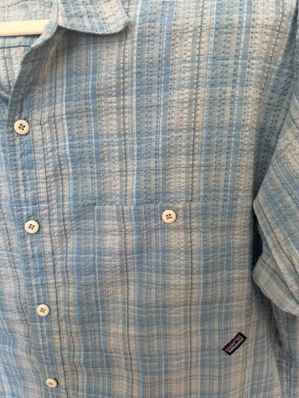 Men's Patagonia Puckerware Short Sleeve button down blue & grey size Large